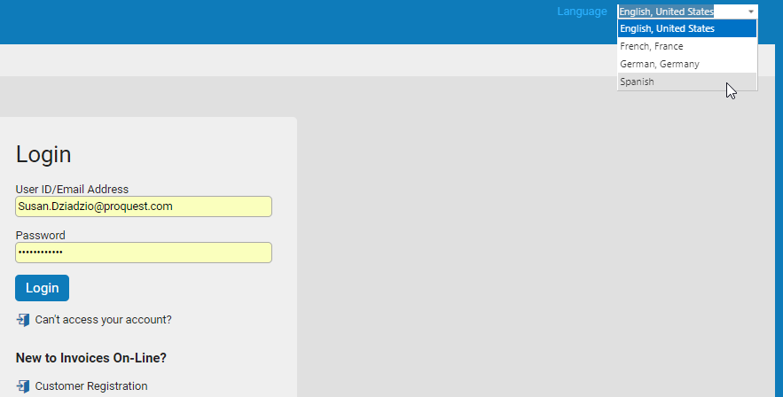 ProQuest Invoice Portal Language Options