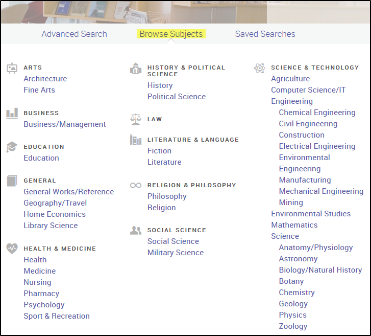 Ebook Central: Searching for books, 'Browse Subjects'