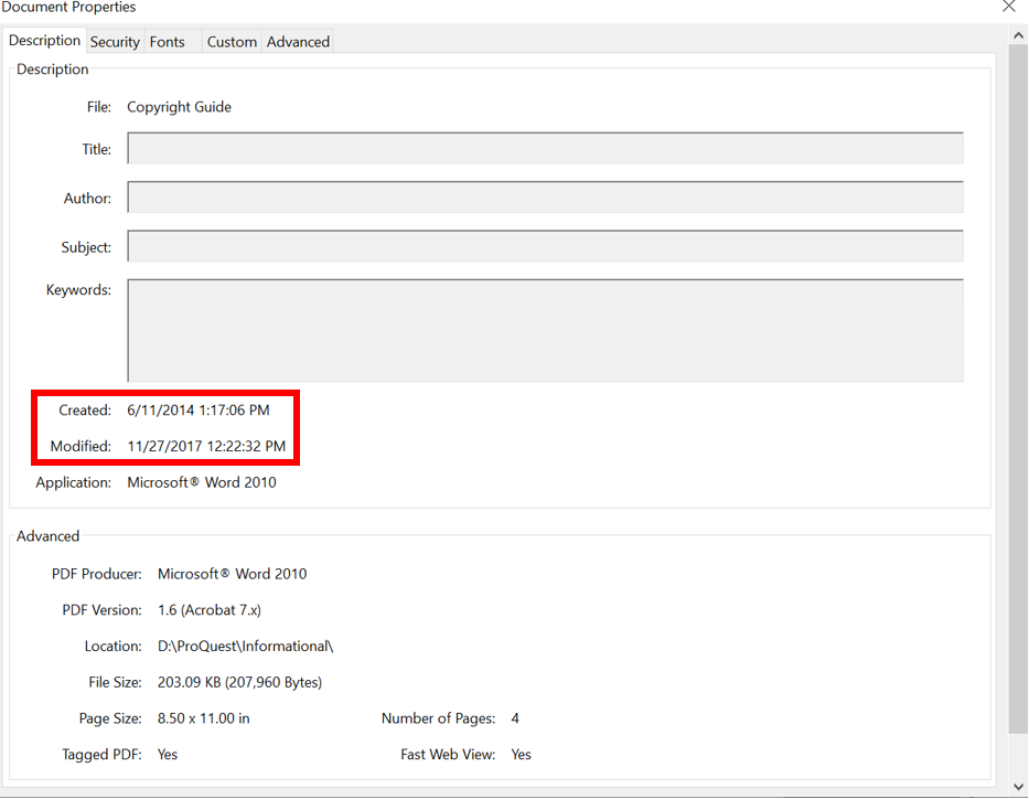 How do I find out when a PDF document was created and/or modified?