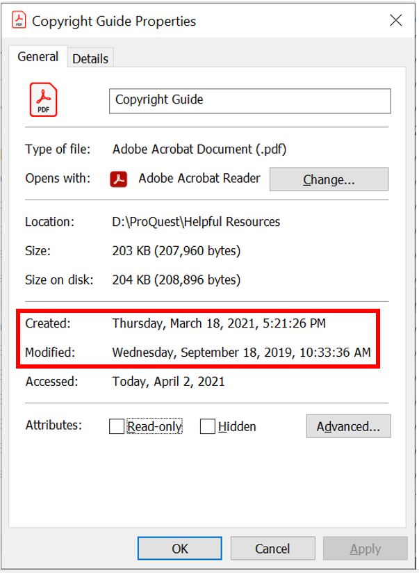 How do I find out when a PDF document was created and/or modified?