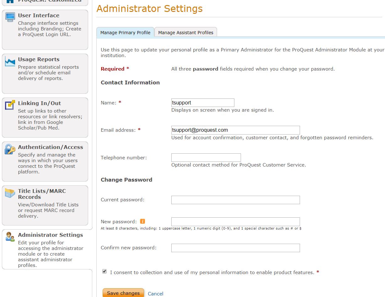 Where can I change my administrator password for ProQuest academic ...