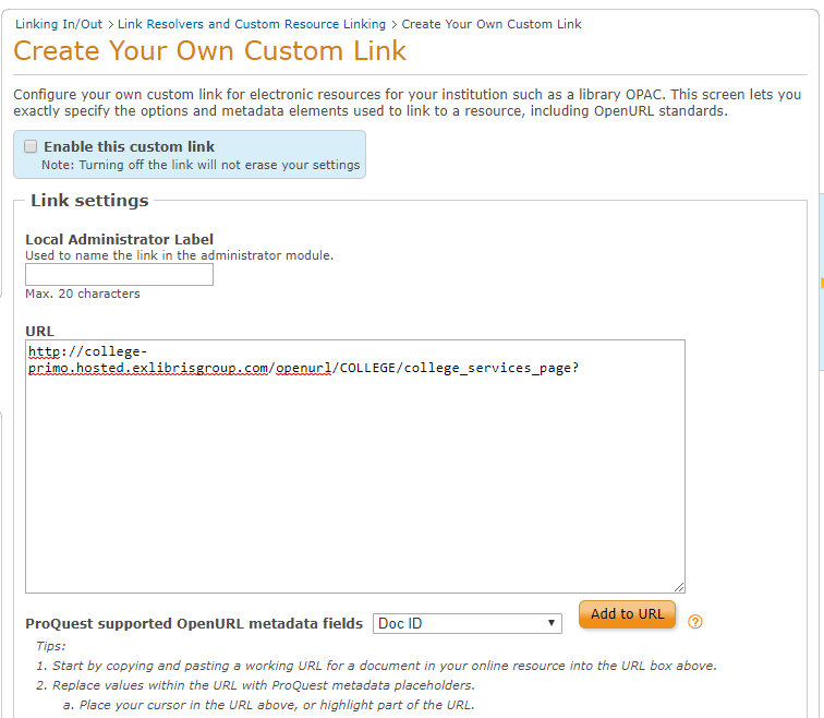Adding the Alma link resolver to ProQuest Administrator Module