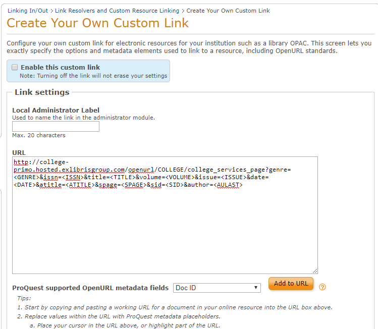 Adding the Alma link resolver to ProQuest Administrator Module