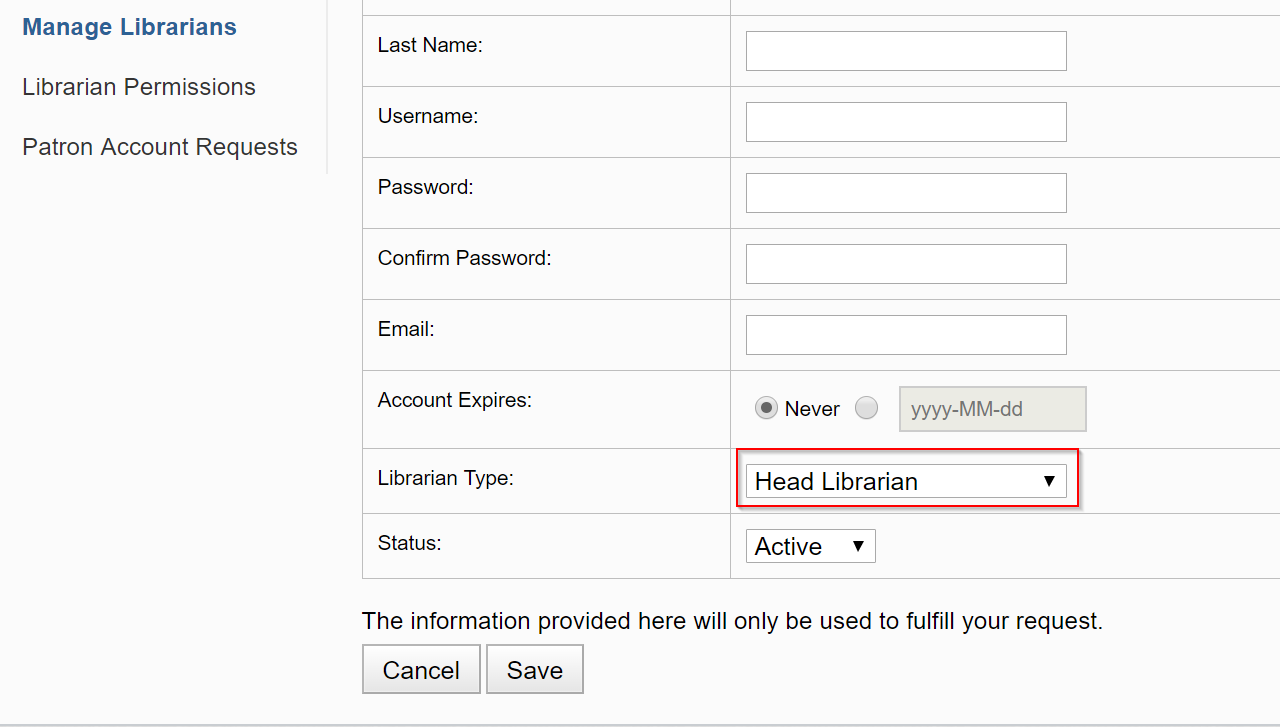 Ebook Central Admin: Librarian types